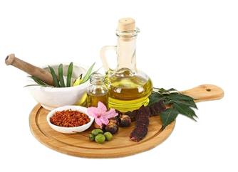 Ayurvedic ingredients on a wooden plate